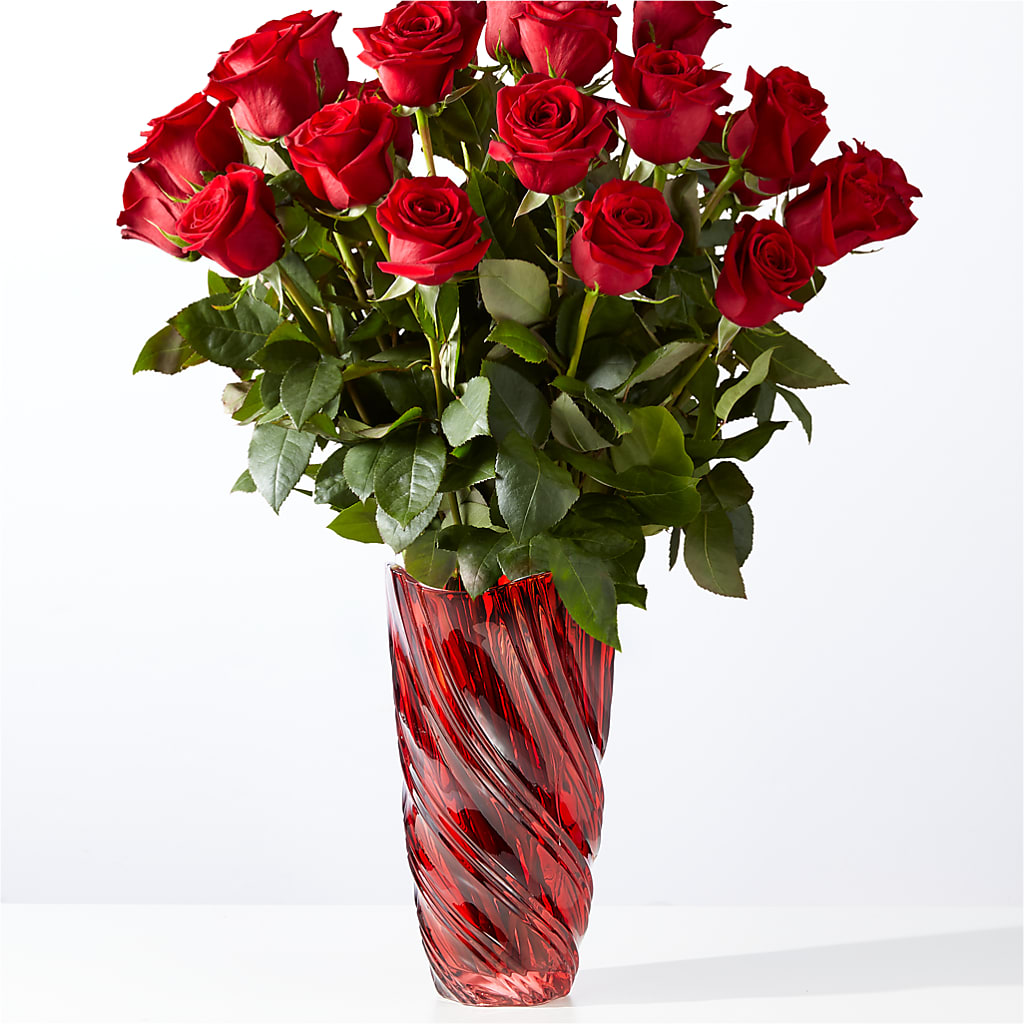 Classic Love Red Rose Bouquet with Red Swirl Vase
